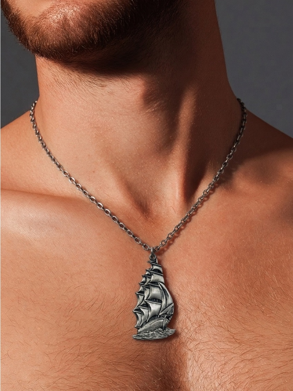 Pewter 1977 Pewter Schooner Sail Ship Pendant Necklace On 24” Rolo Chain Unisex